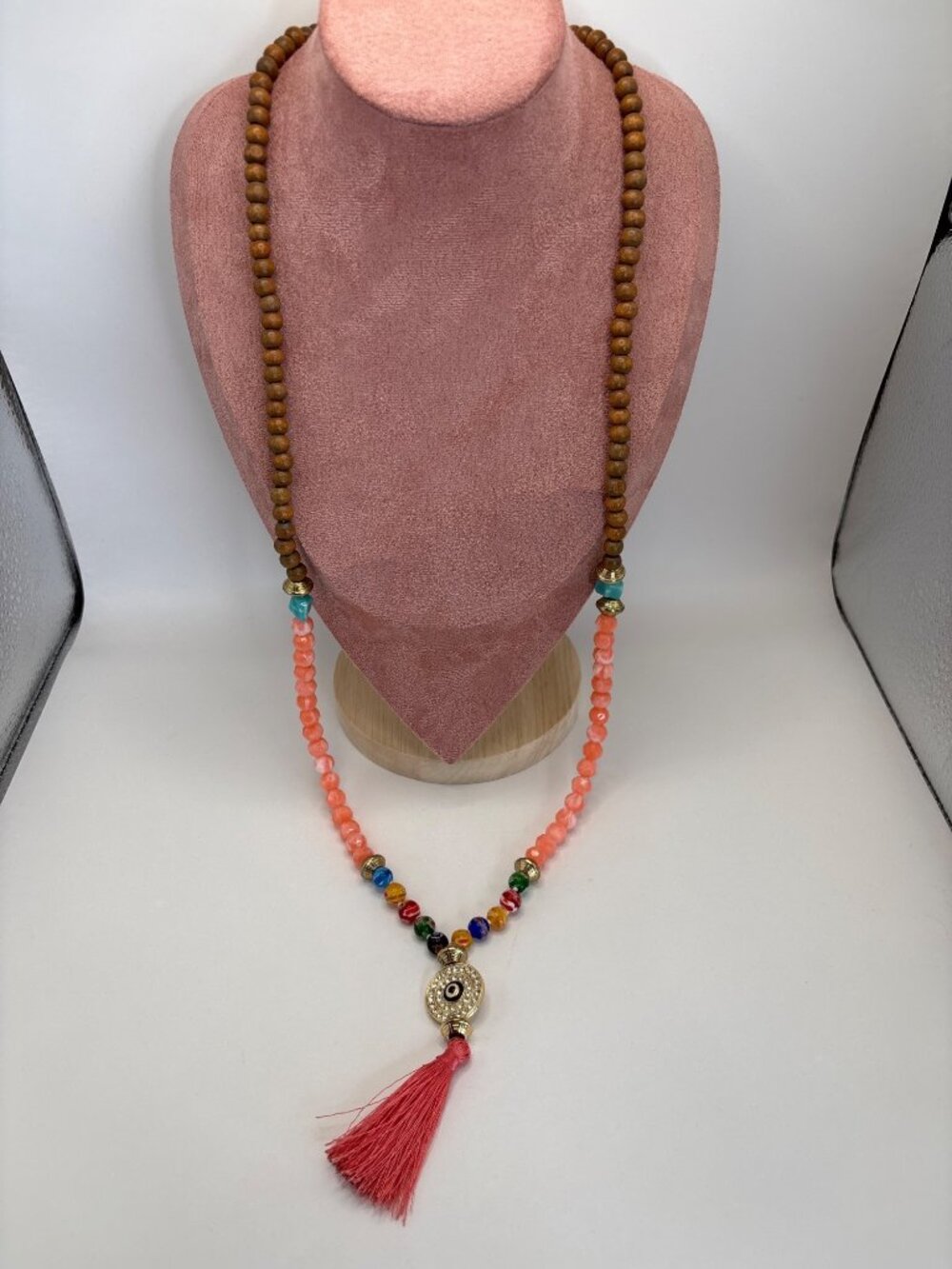Long Boho 32" Necklace Beaded Necklace with Drop Tassel and Rhinestone Evil Eye